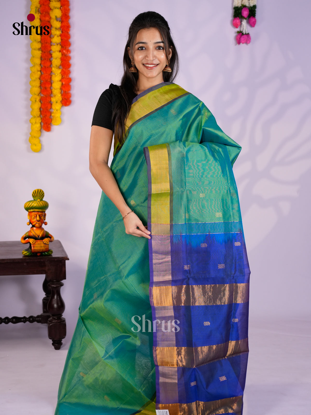 Buy Shimmery Teal Green Cotton Silk Saree with Gold Buttas, Kaddi Border & Blue Zari Pallu