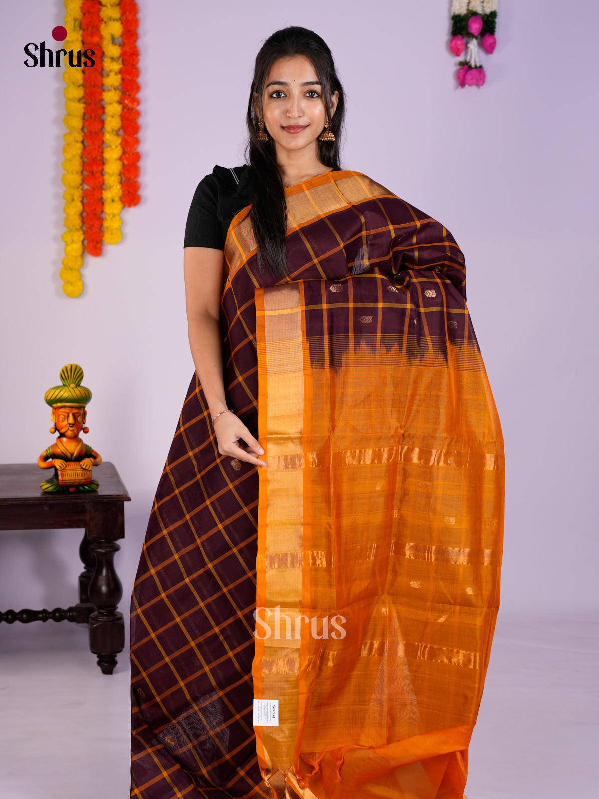 Buy Regal Maroon Cotton Silk Saree with Checks Pattern & Mustard Kaddi Zari Border