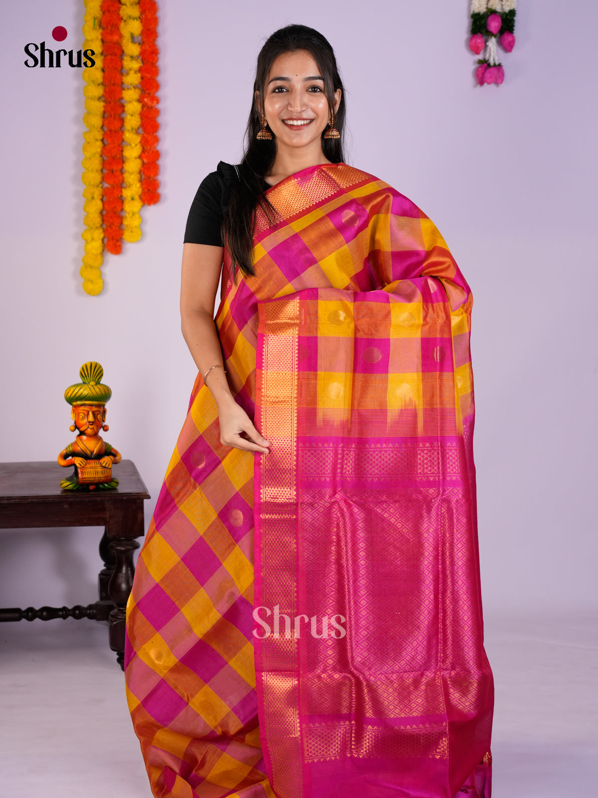 Buy Traditional Mustard & Pink Cotton Silk Saree with Paalum Pazhamum Checks 