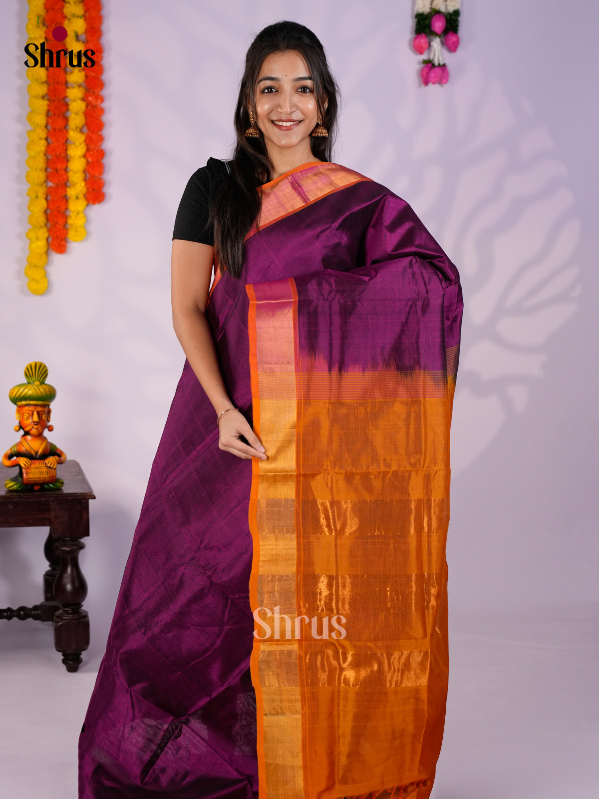 Buy Premium Purple Cotton Silk Saree Online with Orange Kaddi Zari Border & Chit Pallu