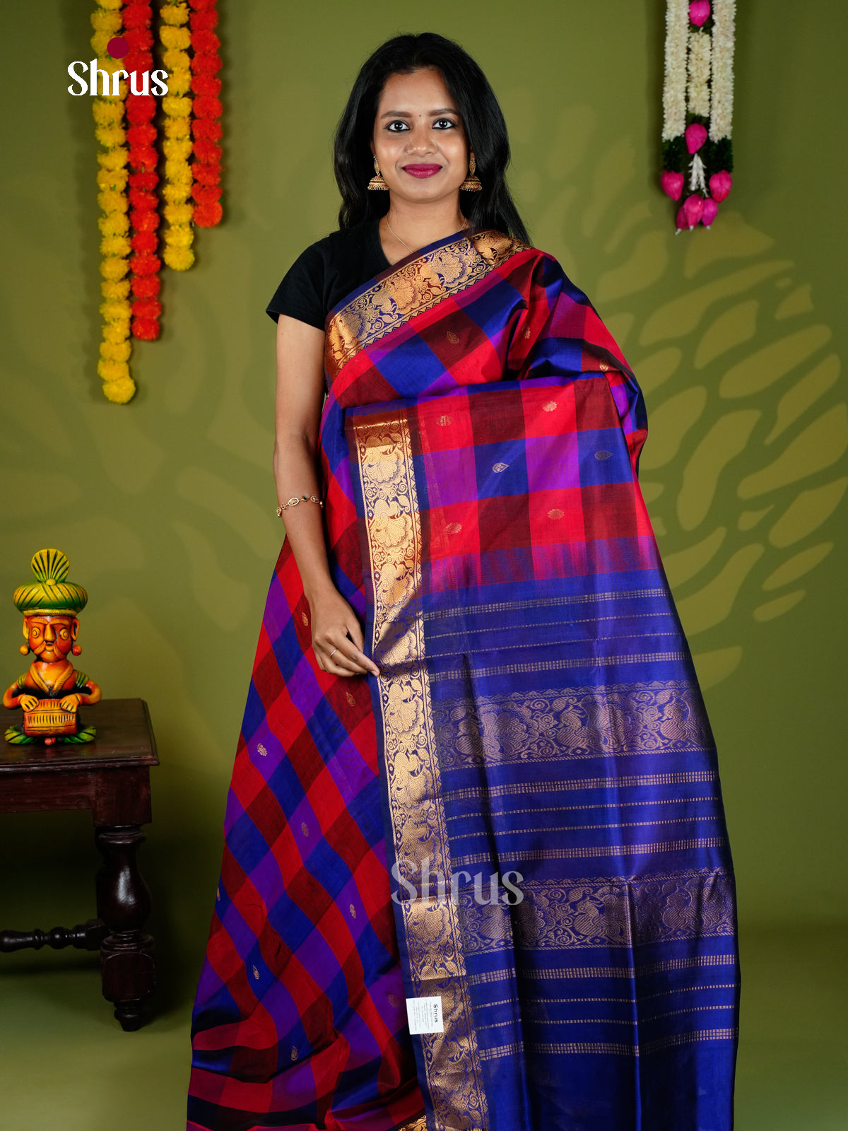 Buy Traditional Red & Blue Cotton Silk Saree Online with Paalum Pazhamum Kattams & Zari Border