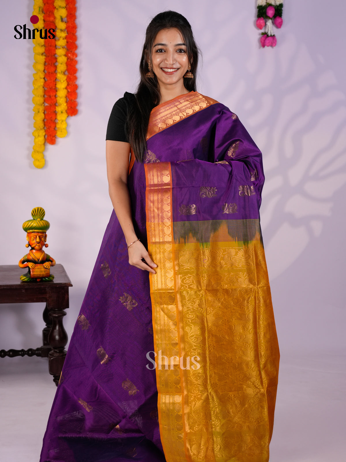 Buy Classy Violet Cotton Silk Saree with Gold Floral Motifs & Orange Zari Woven Border
