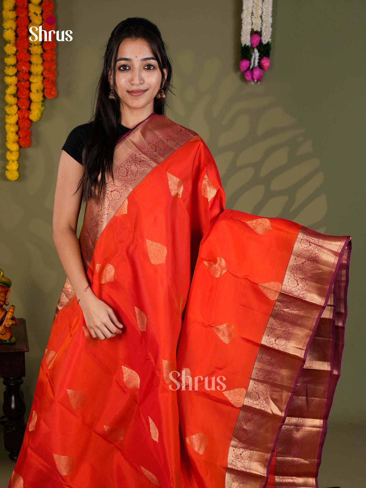 Orange &  Maroon- Kanchipuram-halfpure - Saree - EAS28017 - Shop on Shrus.com