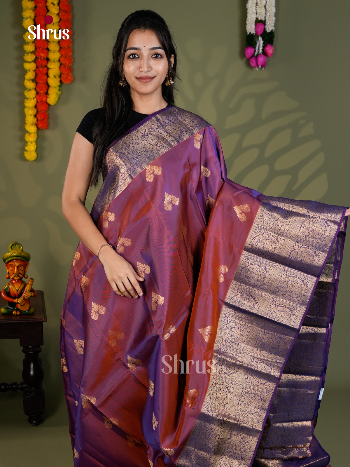 Purple & Blue - Kanchipuram-halfpure - Saree- EAS28039 - Shop on Shrus.com