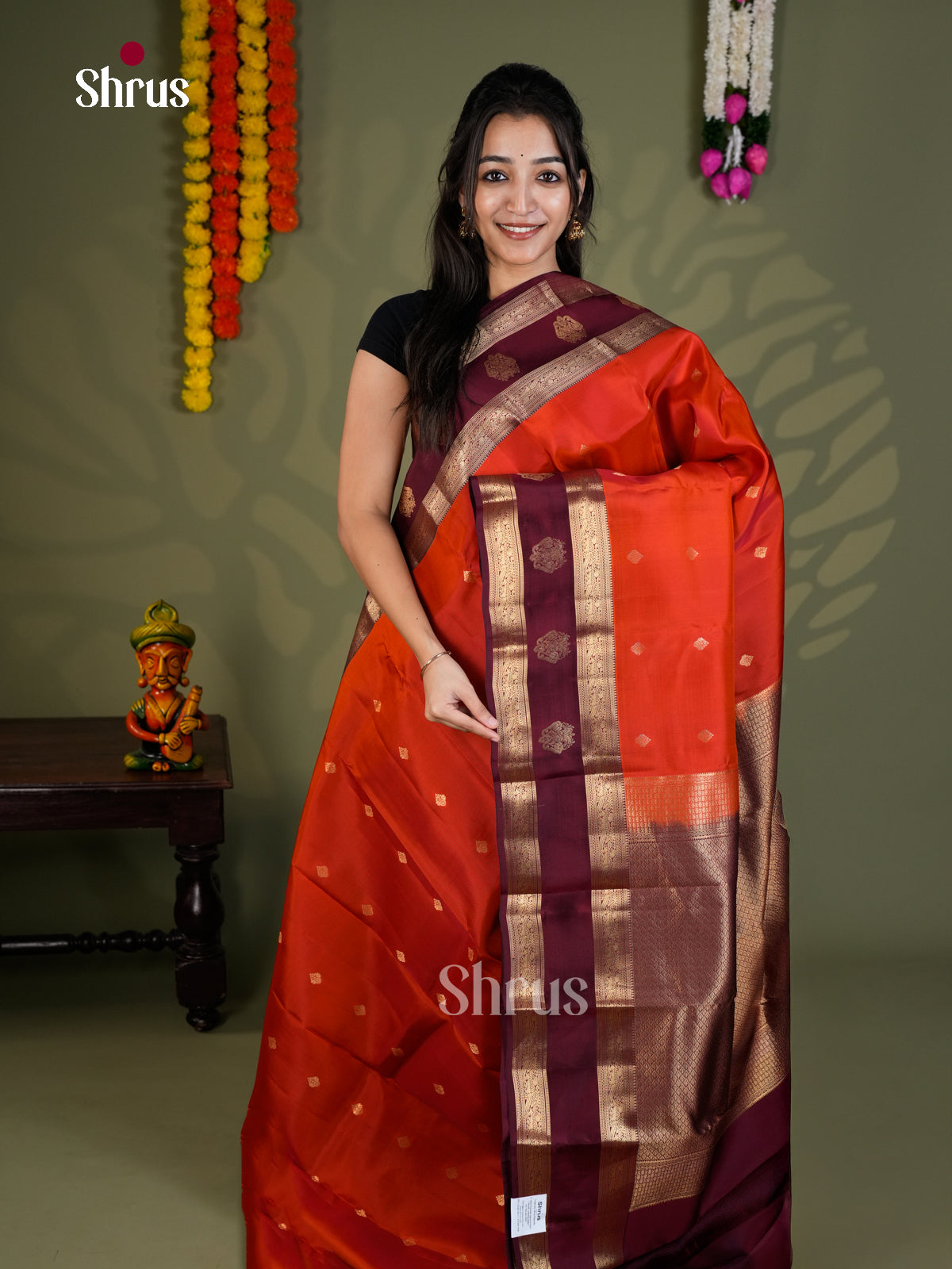 Orange & maroon  - Kanchipuram-halfpure - Saree- EAS28045 - Shop on Shrus.com