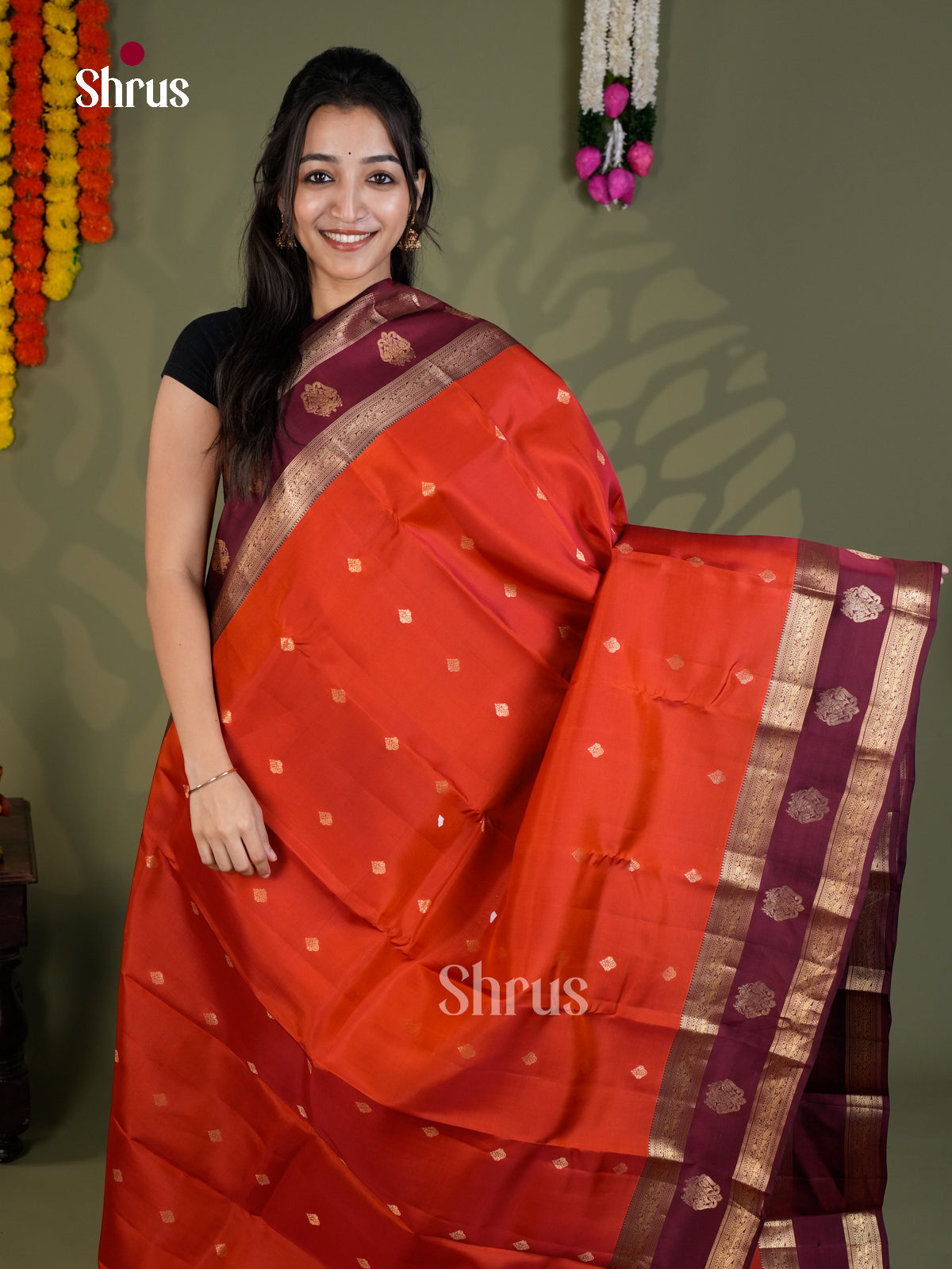 Orange & maroon  - Kanchipuram-halfpure - Saree- EAS28045 - Shop on Shrus.com