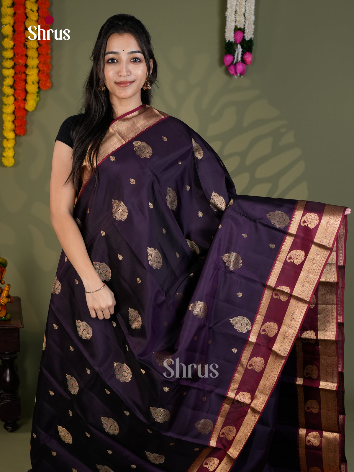 Violet & maroon  - Kanchipuram-halfpure - Saree- EAS28050 - Shop on Shrus.com