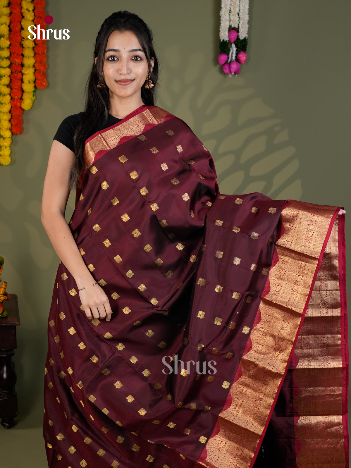 Brown & Maroon- Kanchipuram-halfpure - Saree - EAS28095 - Shop on Shrus.com
