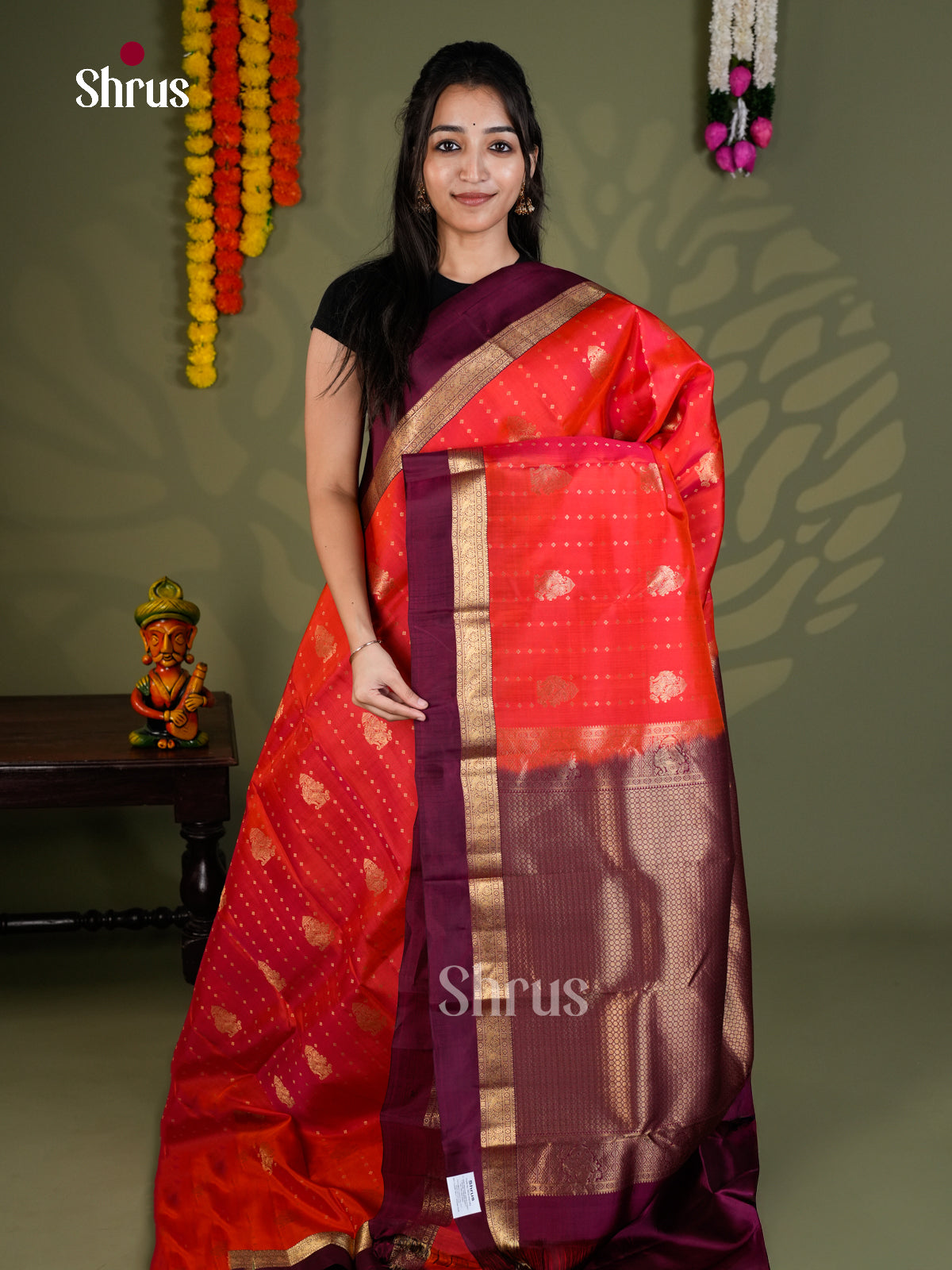 Orangish Pink & Purple  - Kanchipuram-halfpure - Saree- EAS28180 - Shop on Shrus.com