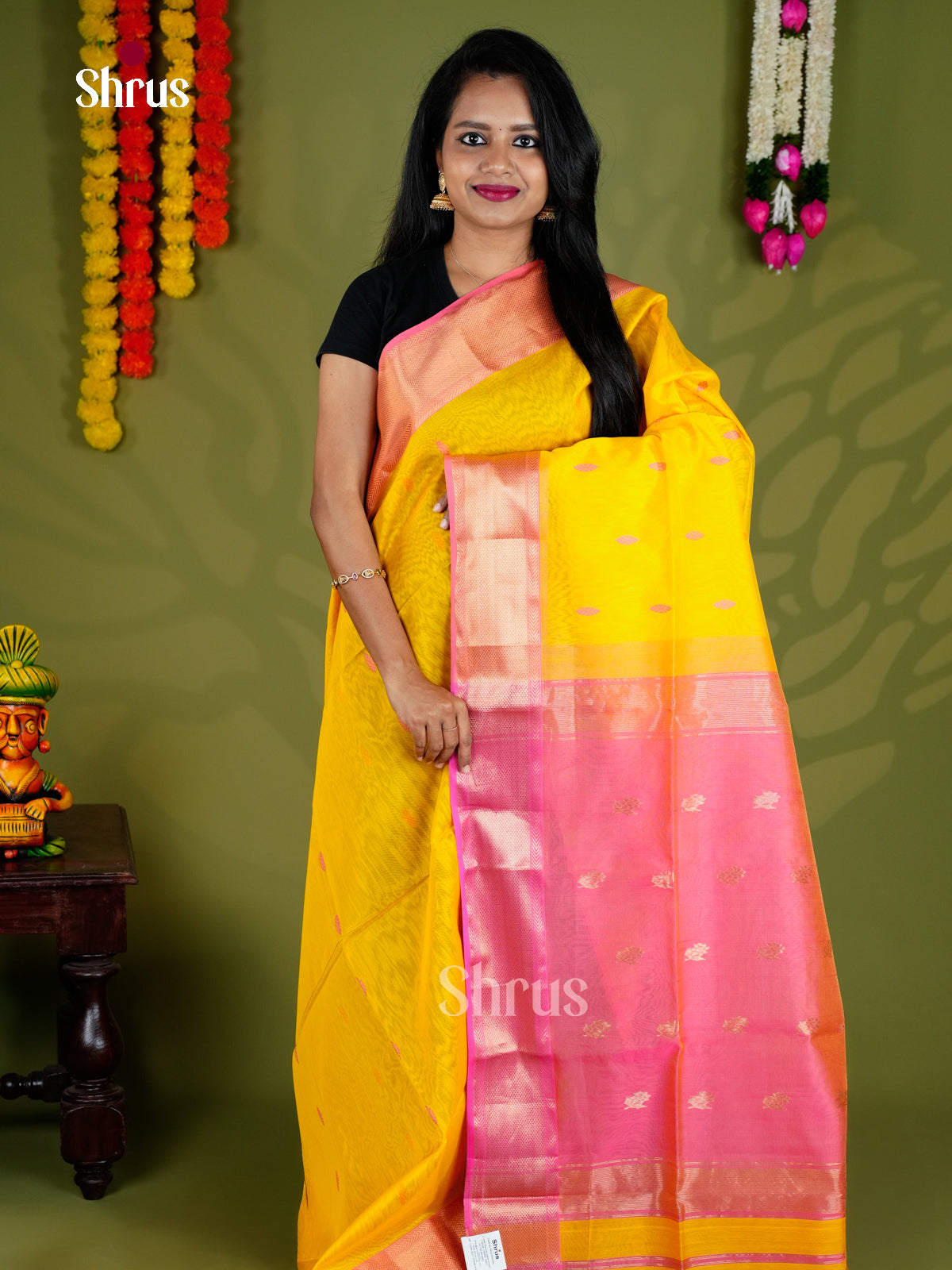 Yellow & Pink- Maheshwari silkcotton - Saree  - EAS30024 - Shop on Shrus.com