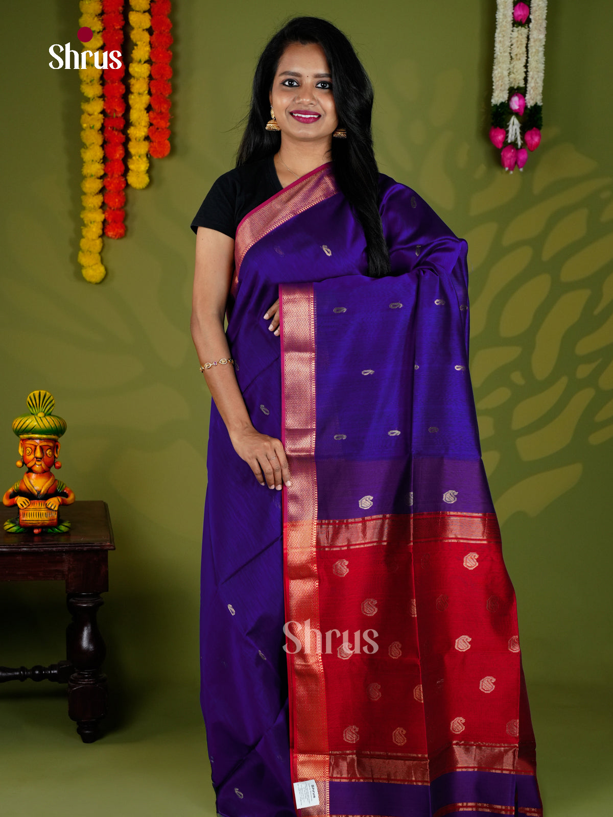 Blue & Red  - Maheshwari silkcotton - Saree - EAS30030 - Shop on Shrus.com