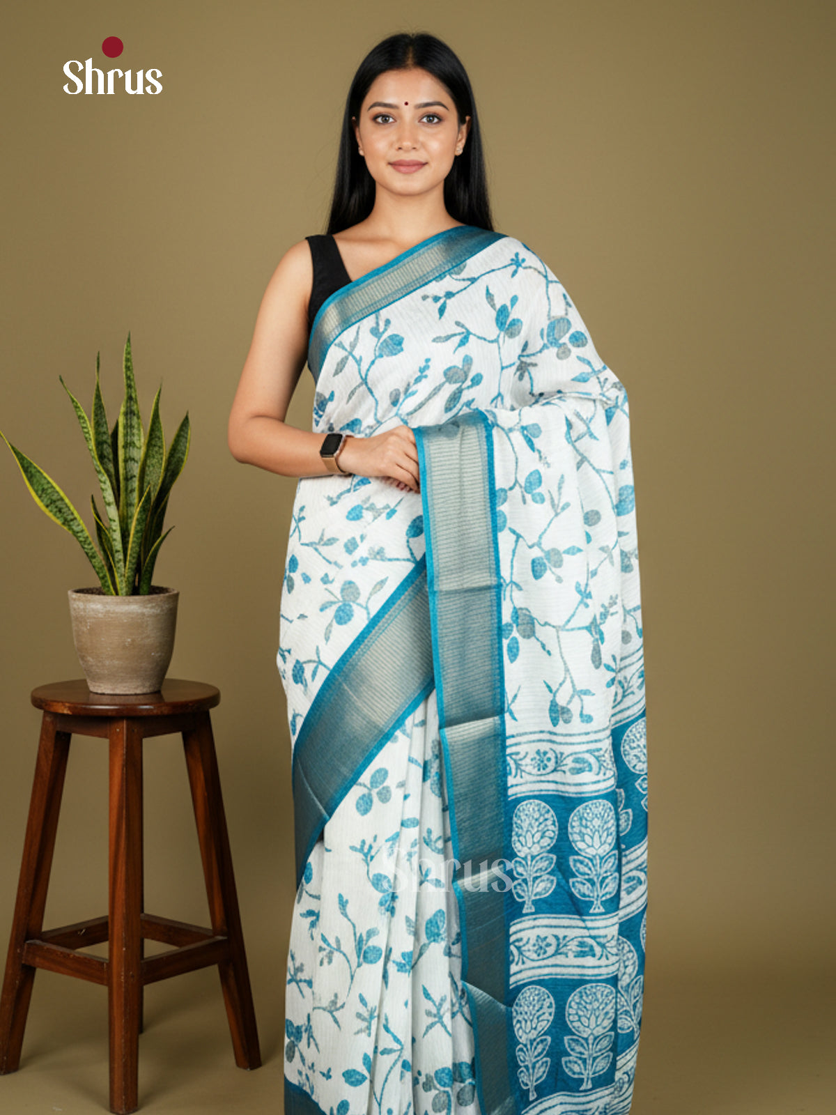 White & Blue - Semi Crepe - Saree-EAS30469 - Shop on Shrus.com