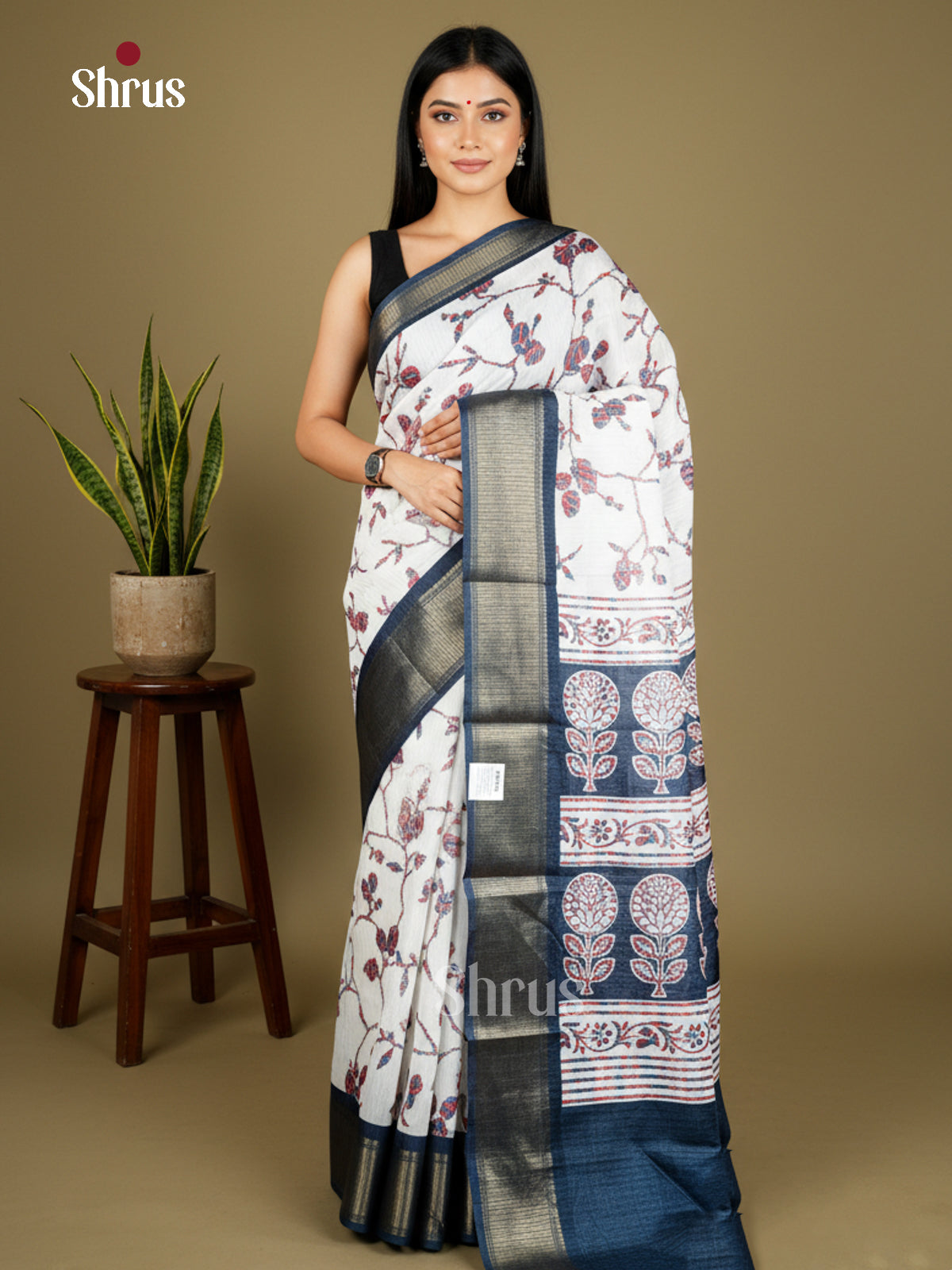 White & Blue  - Semi Crepe  Saree- EAS30472 - Shop on Shrus.com