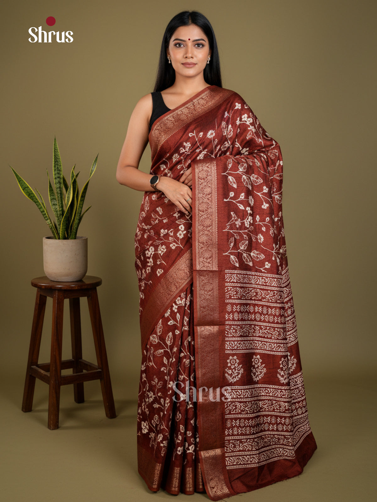 Brown  - Semi Crepe Saree- EAS30521 - Shop on Shrus.com