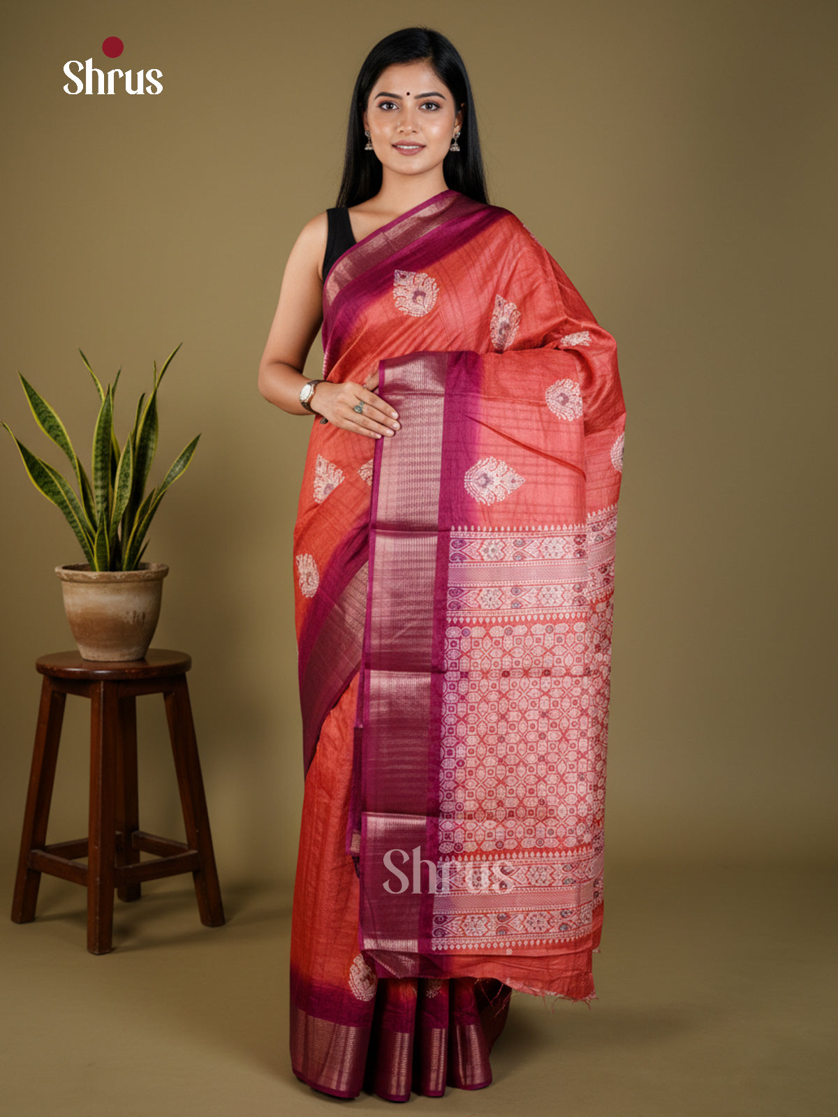 Orange & Maroon  - Semi Crepe - Saree-EAS30556 - Shop on Shrus.com