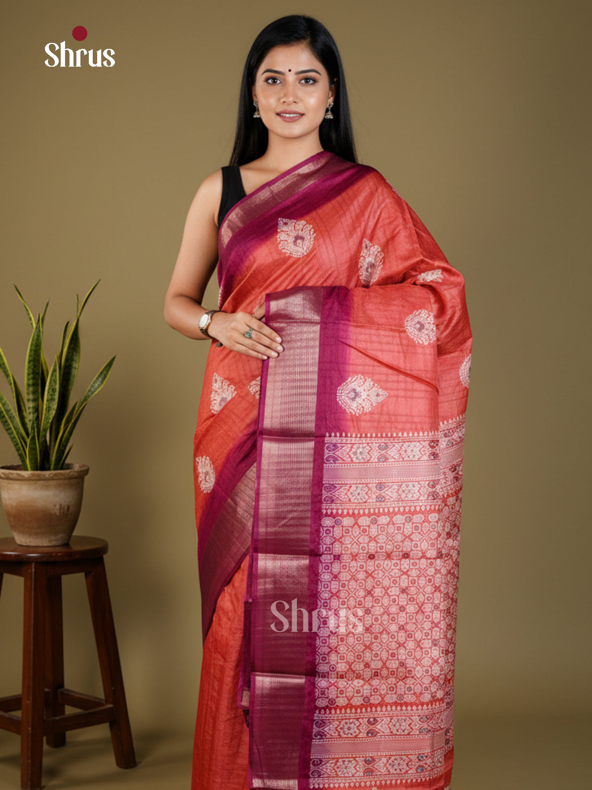 Orange & Maroon  - Semi Crepe - Saree-EAS30556 - Shop on Shrus.com