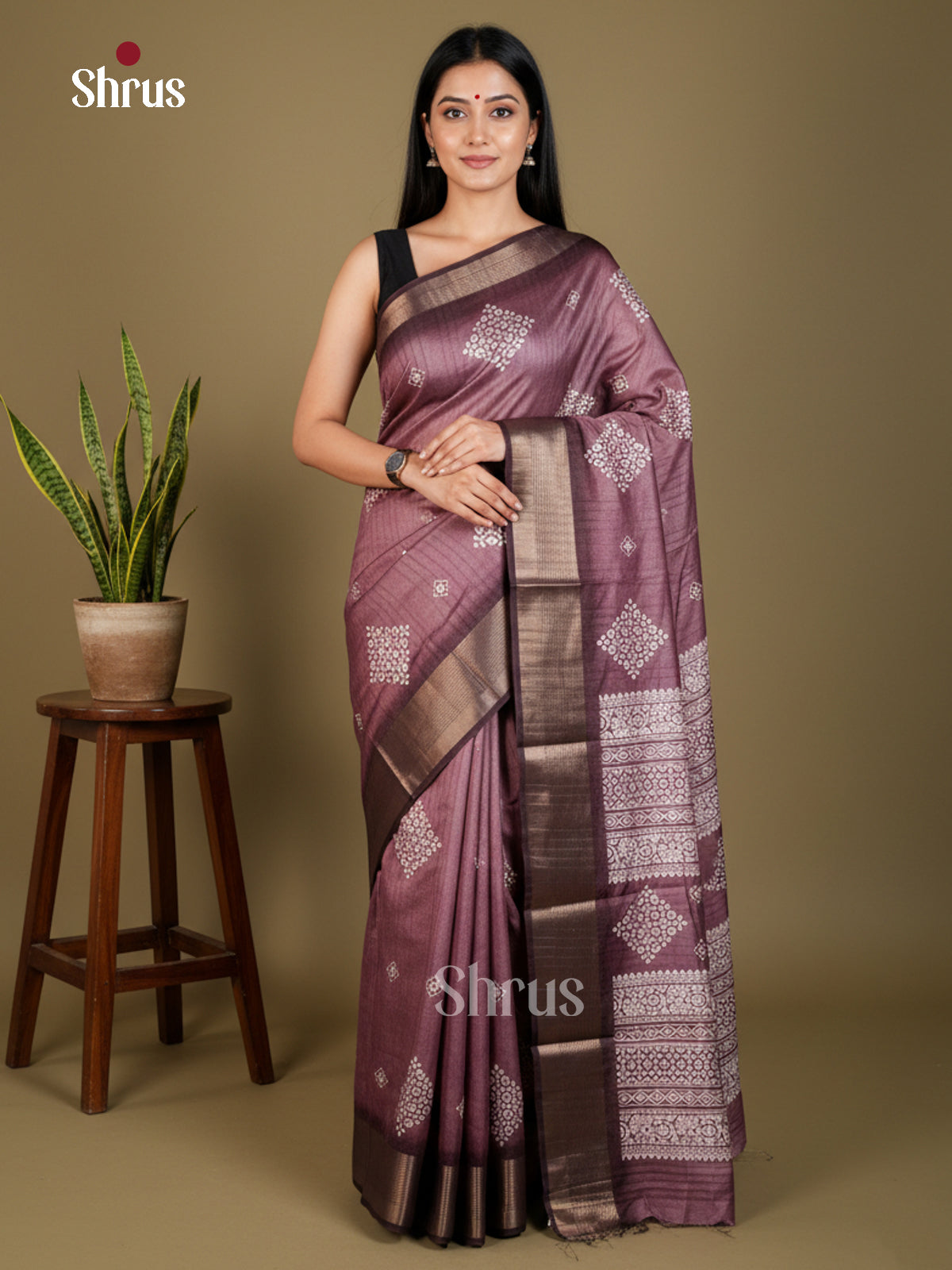 mauve & Brown  - Semi Crepe - Saree-EAS30589 - Shop on Shrus.com