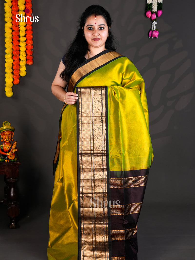 Radiant Green & Brown Silk Cotton saree with Korvai-Medium border - EB