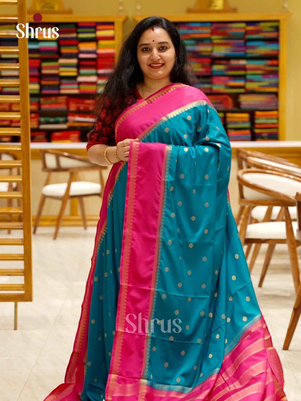 Teal Blue and Rani Pink - Semi Mysoresilk Saree - EBS05201 - Shop on Shrus.com