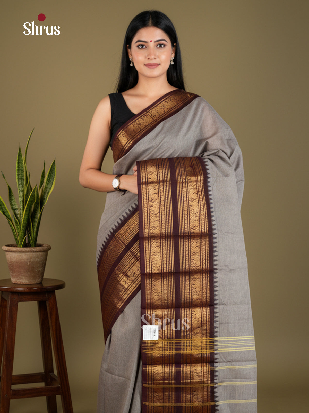 Grey & Maroon  - Chettinad Cotton - Saree- EBS06119 - Shop on Shrus.com
