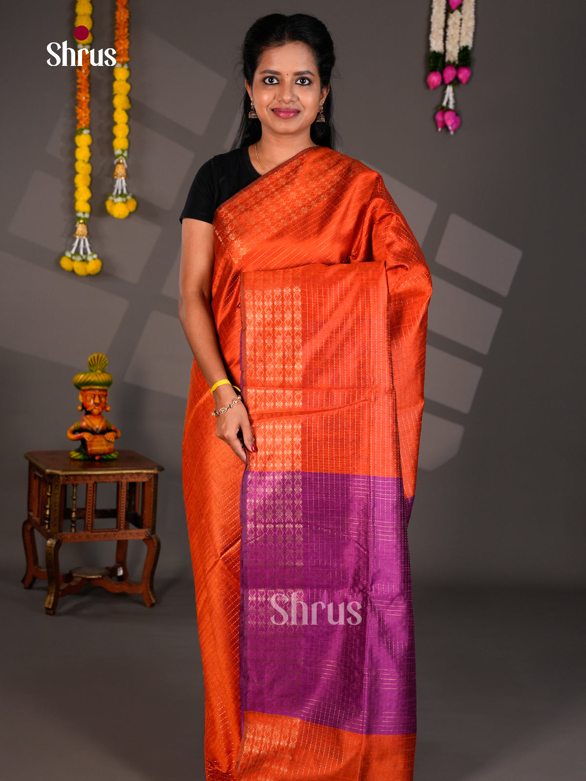 Orange & Purple- Semi Rawsilk Saree - EBS26385 - Shop on Shrus.com