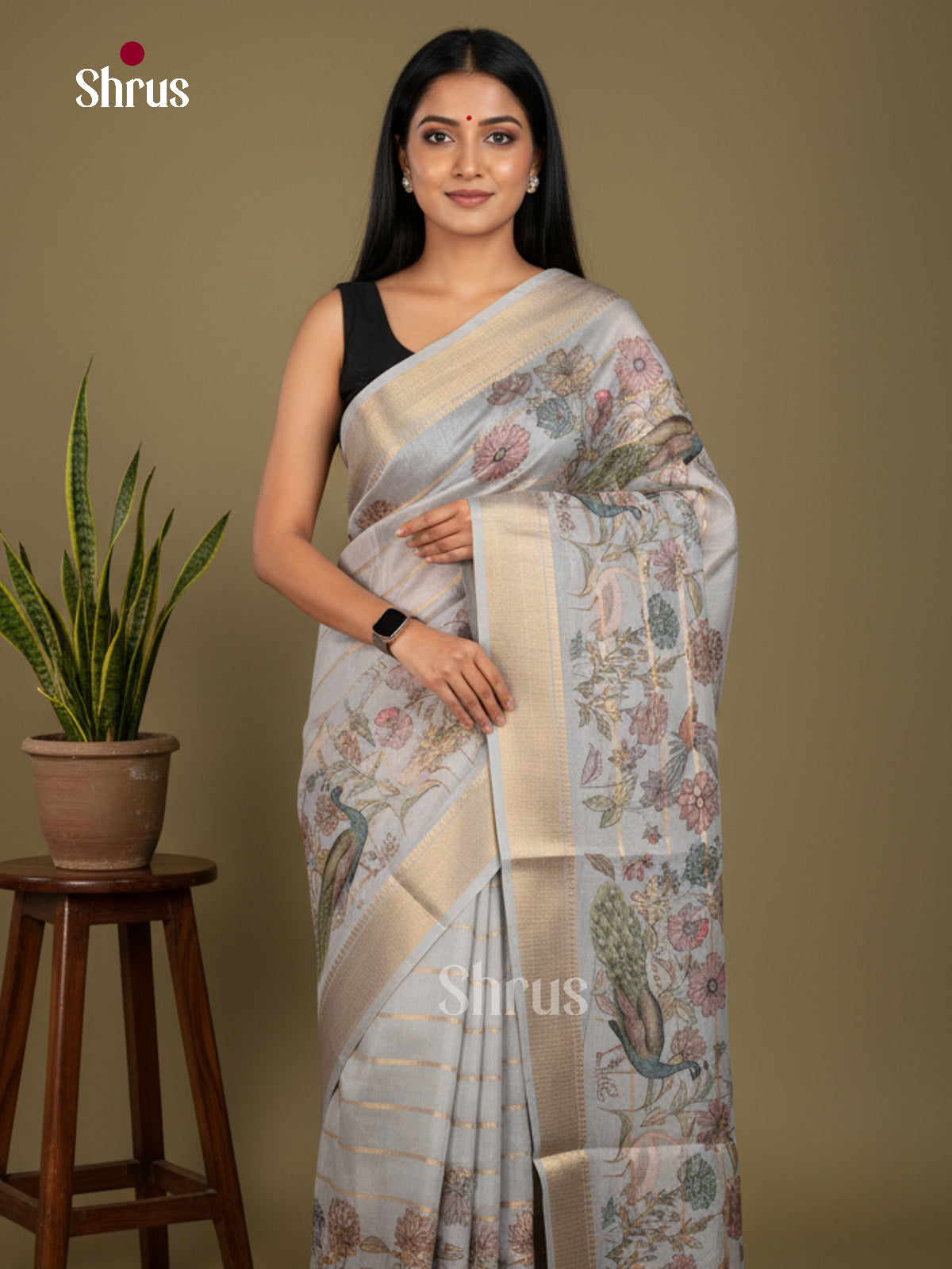 Printed Semi Tussar Saree - ECS02110 - Shop on Shrus.com