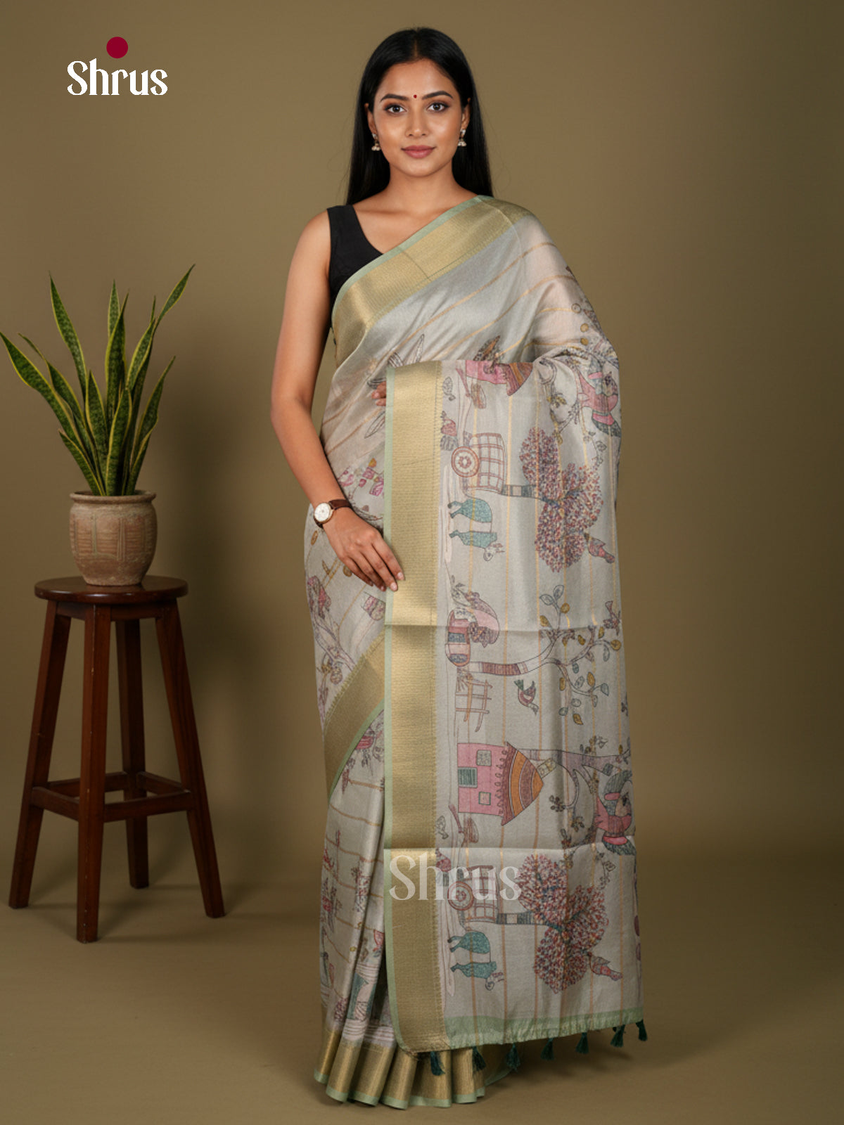 Printed Semi Tussar Saree - ECS02112 - Shop on Shrus.com