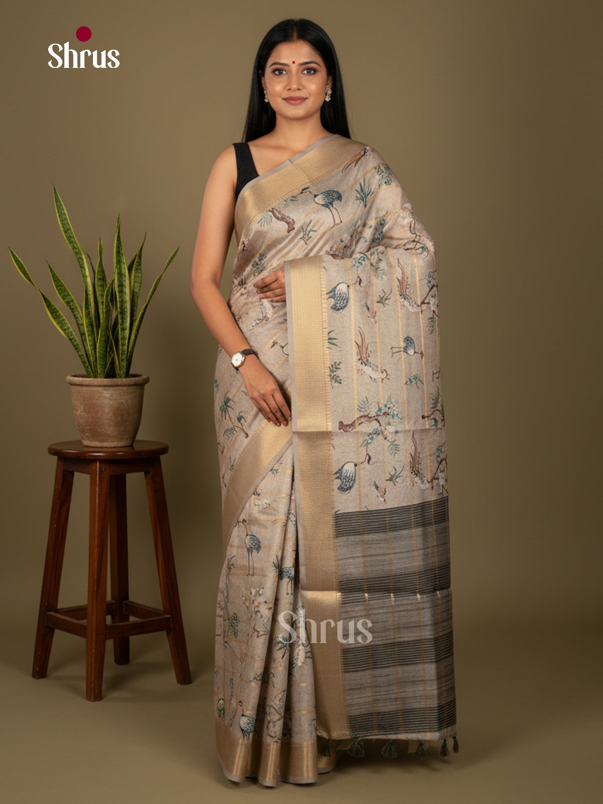Printed Semi Tussar Saree - ECS02117 - Shop on Shrus.com