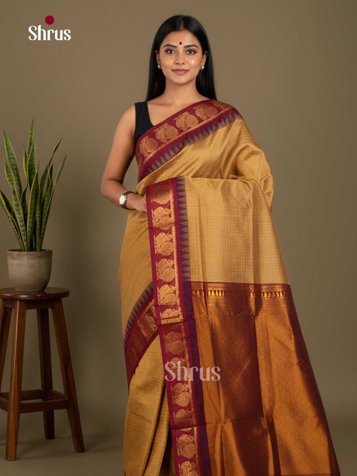 Beige & maroon -Kalyani Cotton Saree - ECS04203 - Shop on Shrus.com