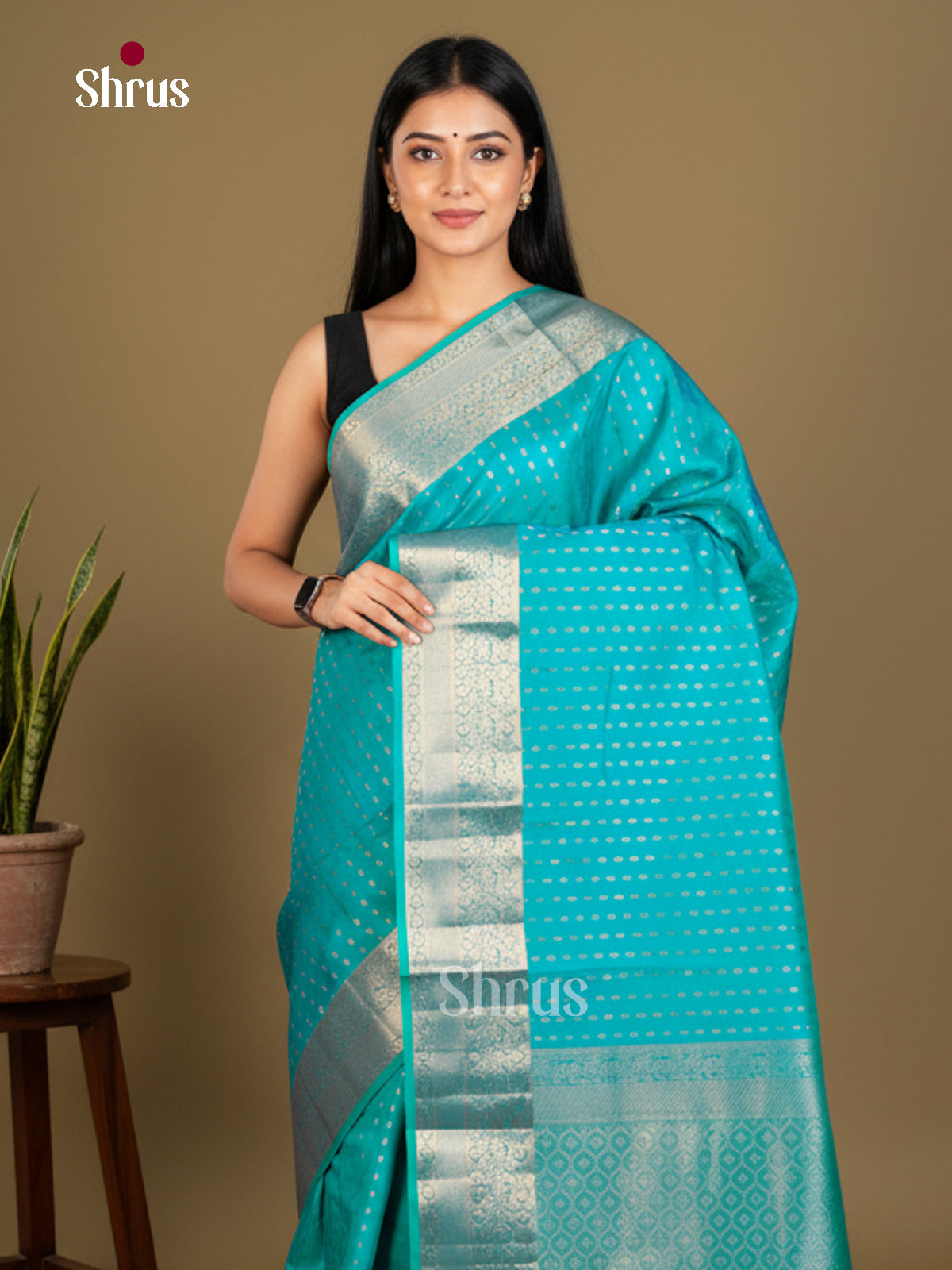Teal blue(Single Tone) -Kanchipuram-halfpure Saree - EDS04078 - Shop on Shrus.com
