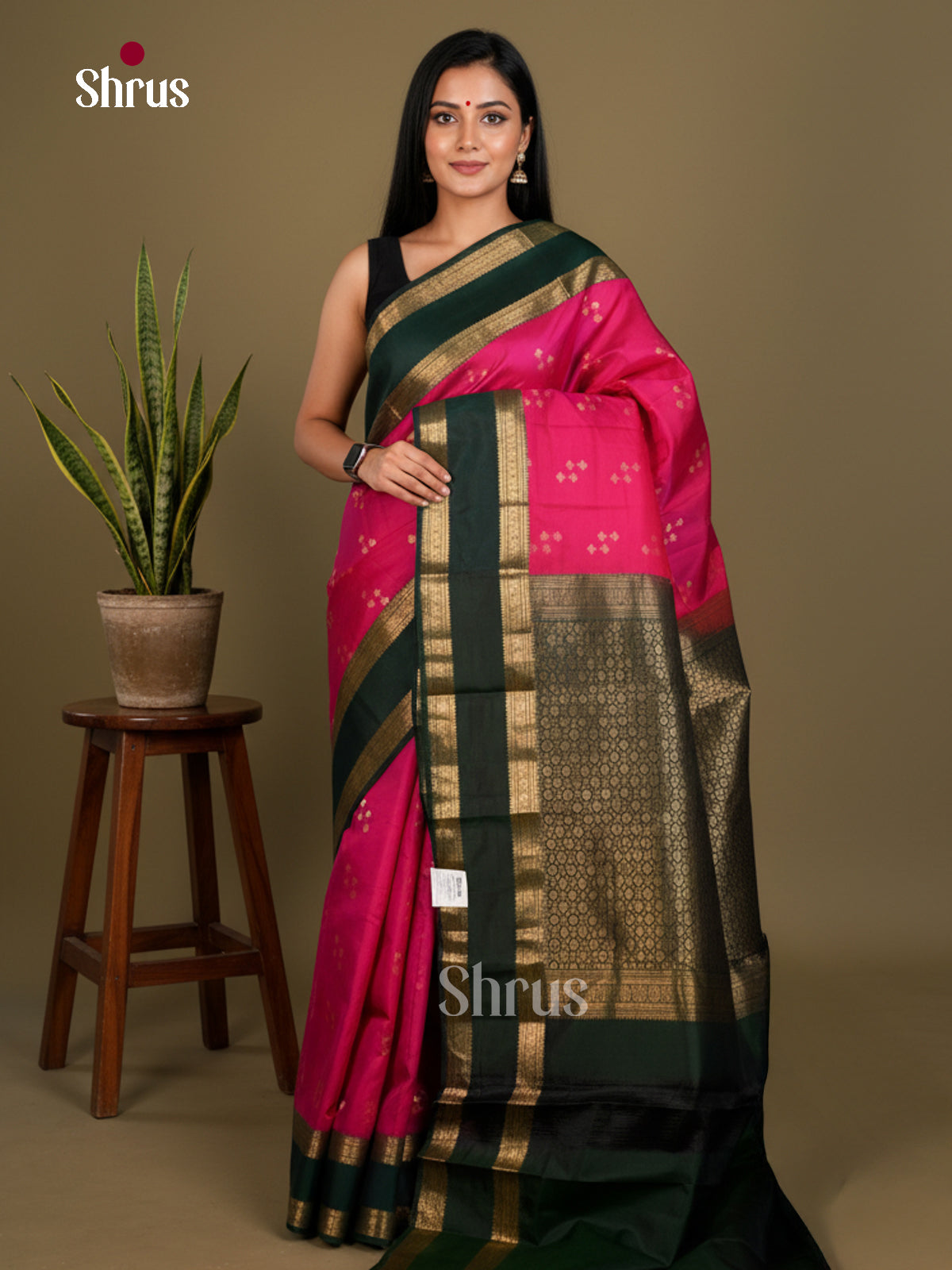 Regal Pink & Green Kanchipuram silk Saree with zari buttas & Rettaipet zari border - EDS04106 - Shop on Shrus.com