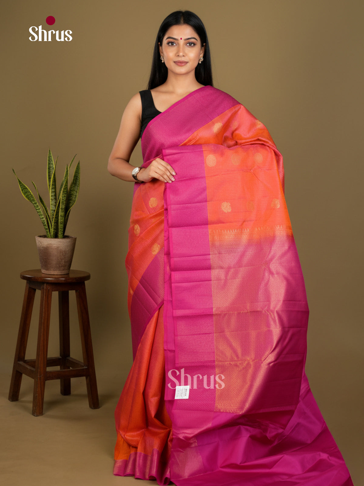 Radiant Orange & Pink Kanchipuram silk Saree with zari buttas & rich brocade pallu - EDS04128 - Shop on Shrus.com