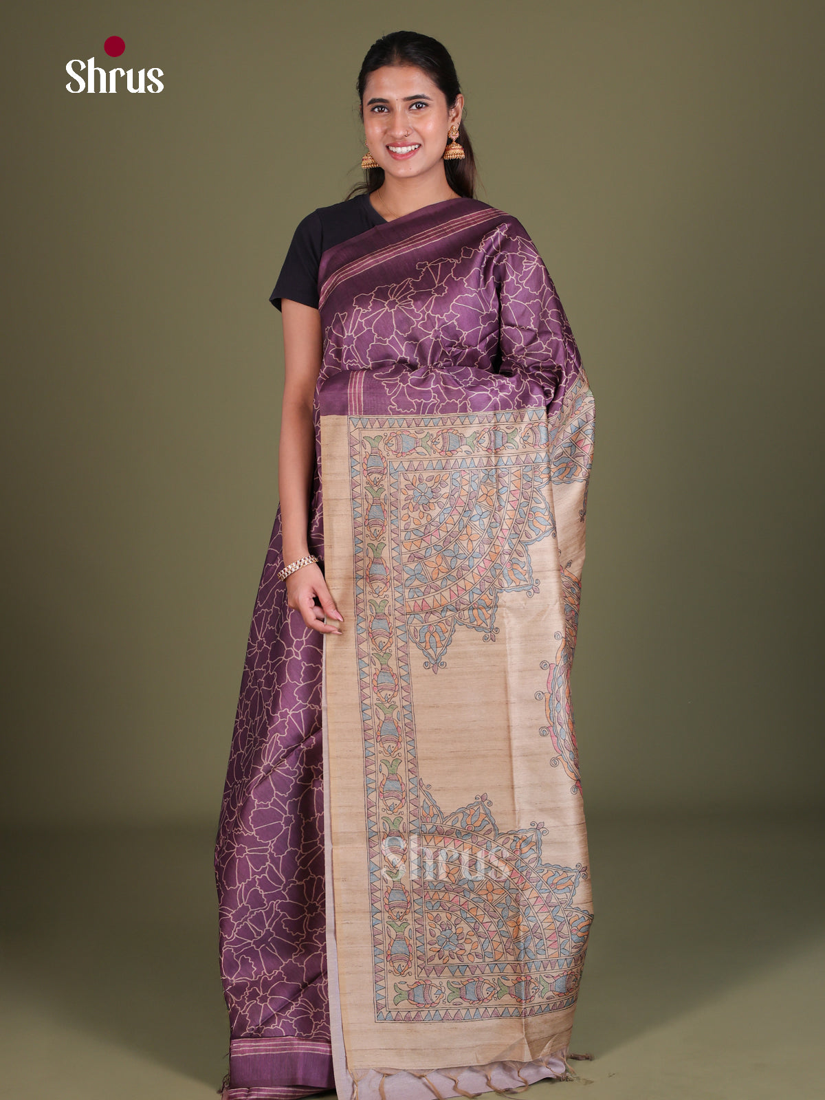 Printed Madhubani Saree - EES12157 - Shop on Shrus.com
