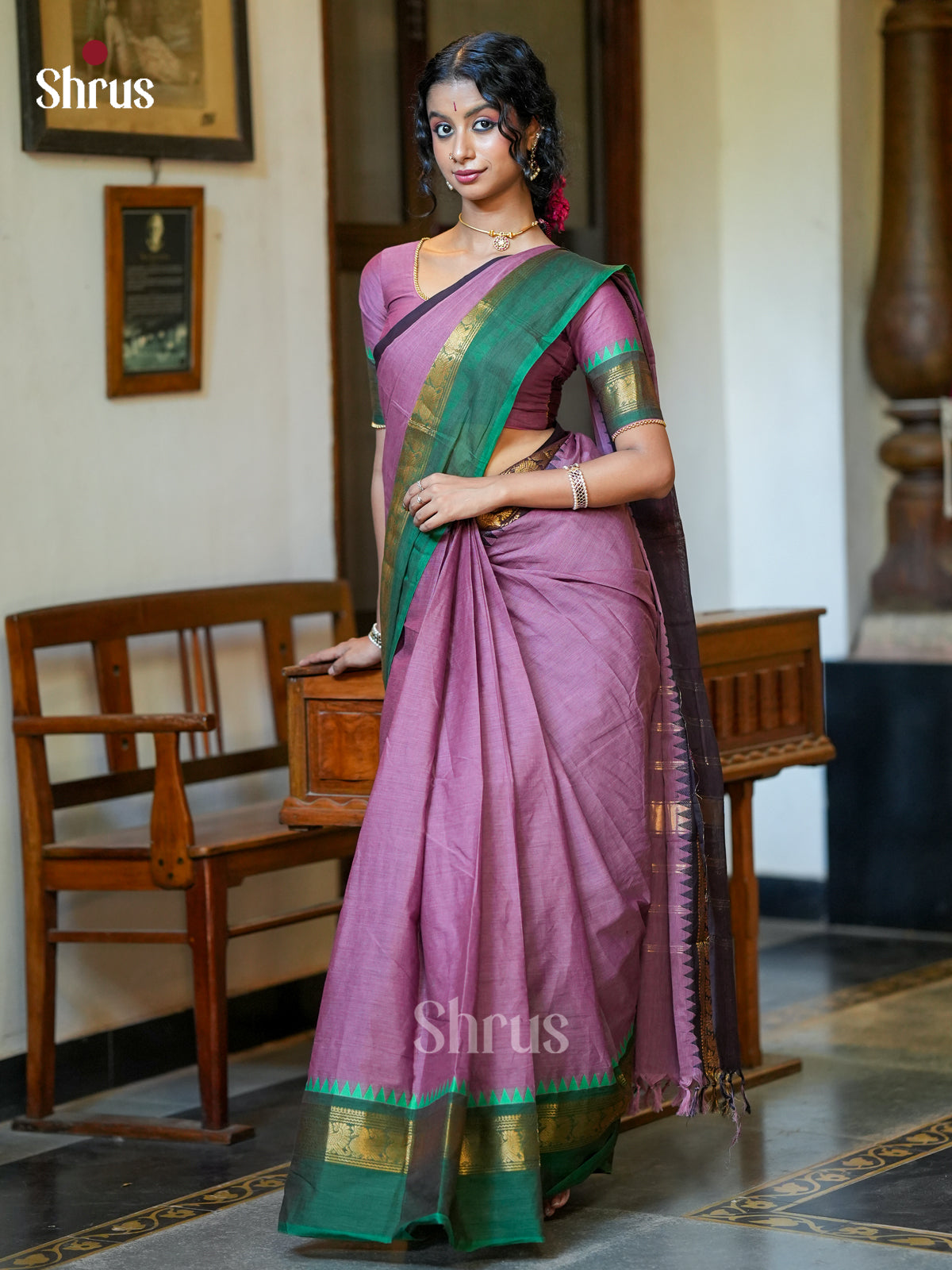 Purple & Green - Chettinad Cotton Saree - EES18059 - Shop on Shrus.com