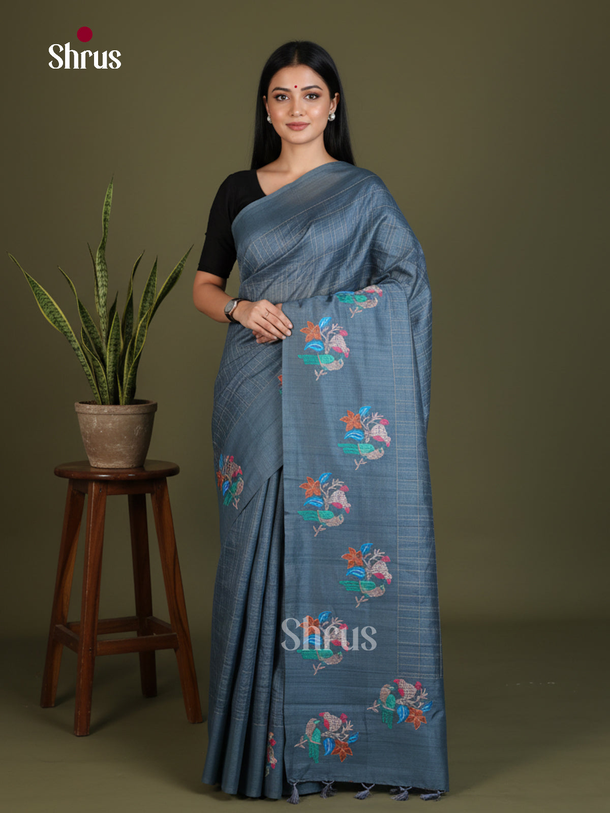 Semi Rawsilk Embroidery Saree - EES22096 - Shop on Shrus.com