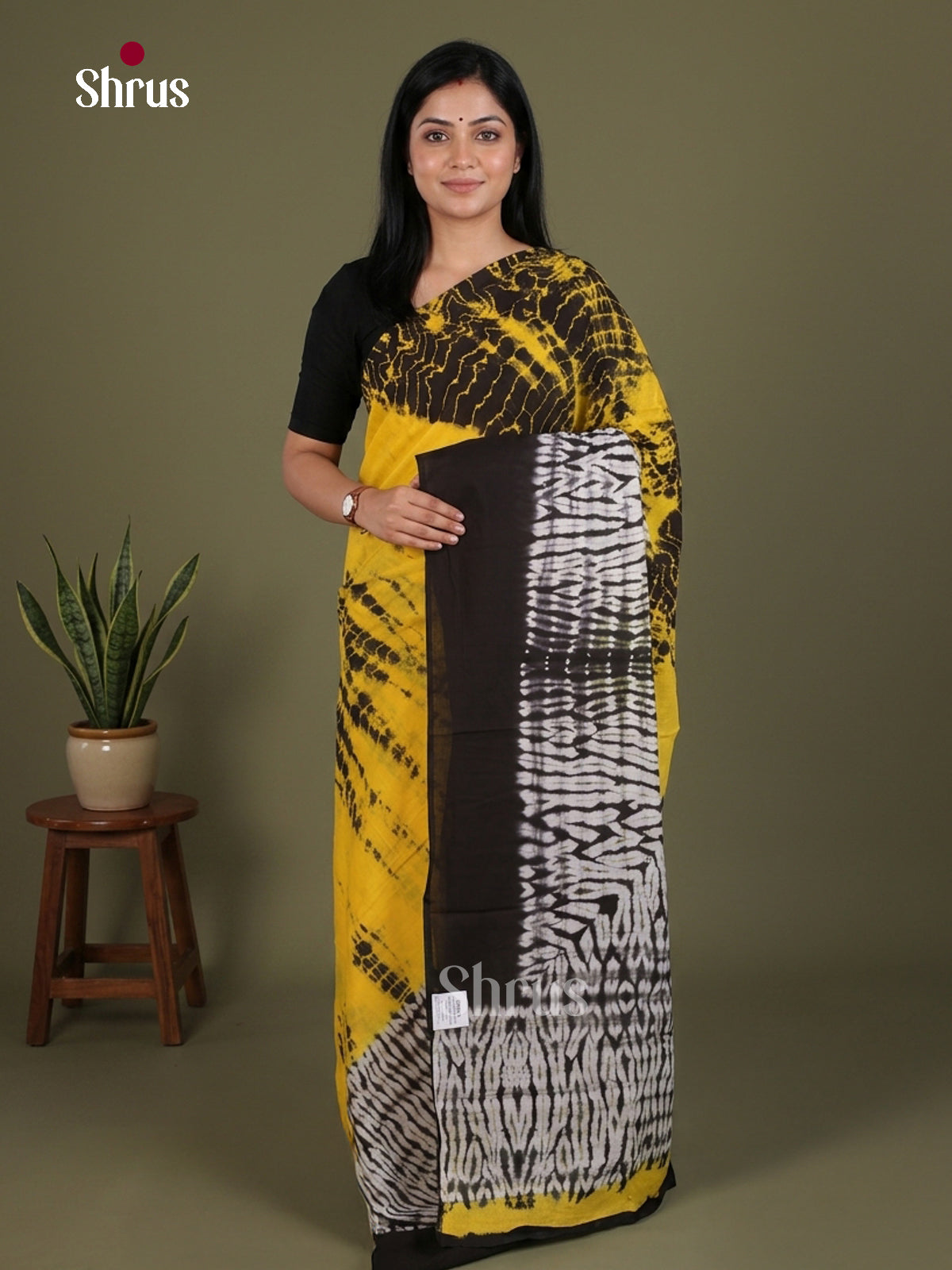 Yellow &  Black - Jaipur cotton Saree - EES25084