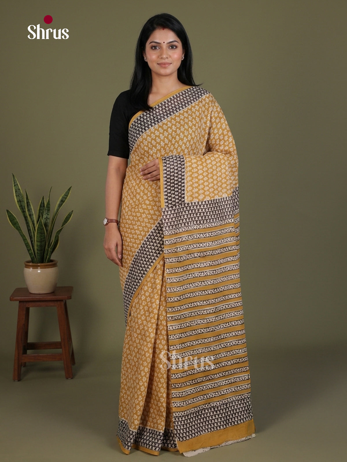 Mustard & Cream - Jaipur cotton Saree - EES25093