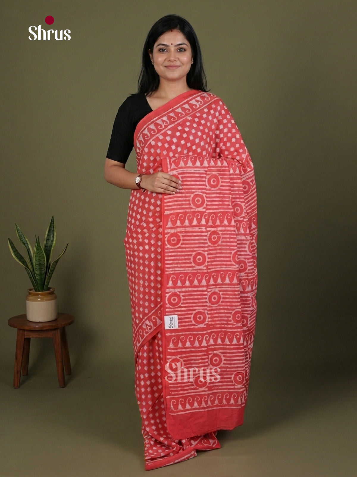 Orangish Pink - Jaipur cotton Saree - EES25108