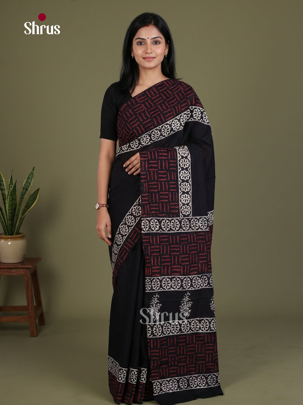 Black & maroon - Jaipur cotton Saree - EES25128
