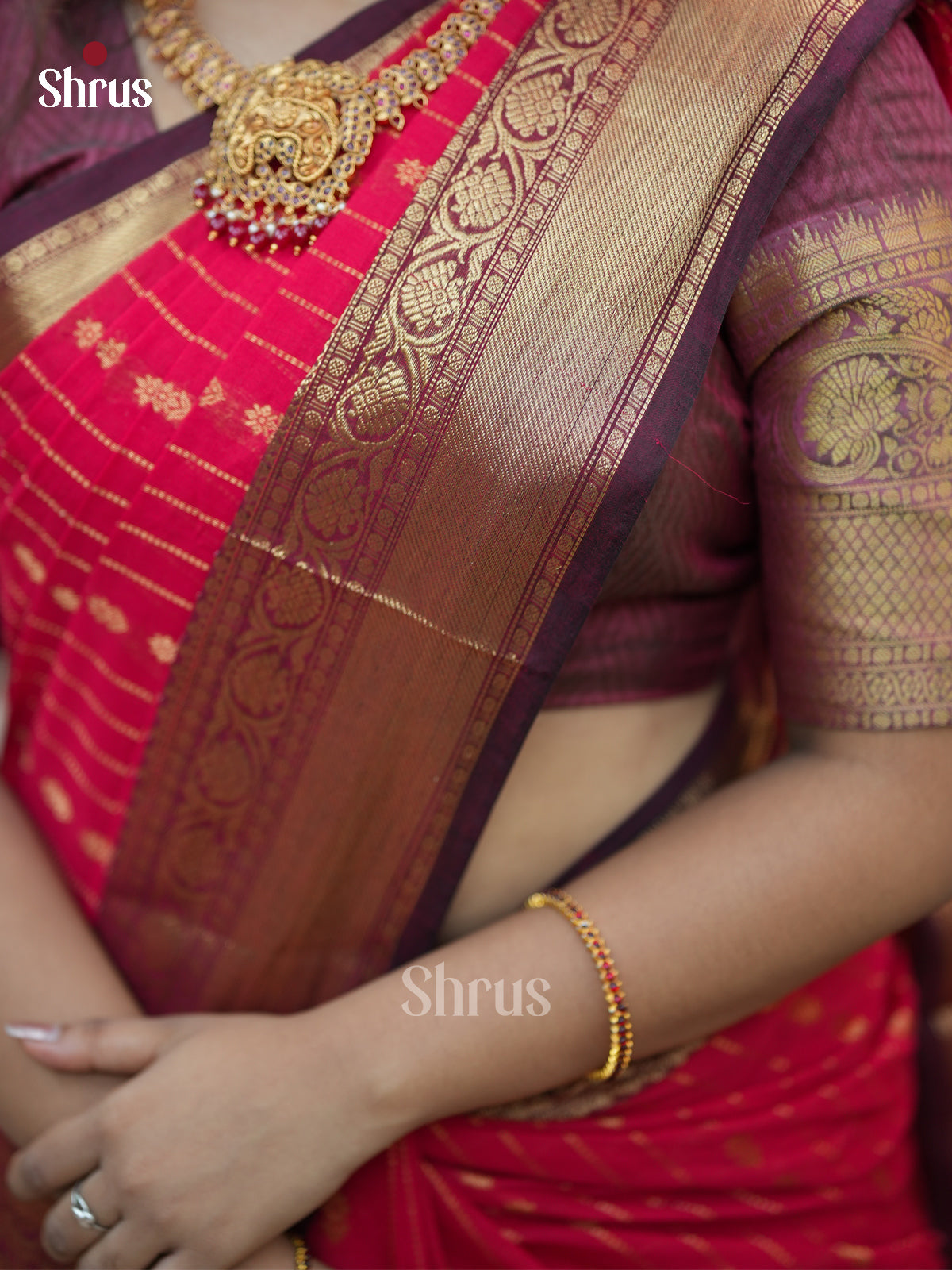 Shimmery Red Chettinad Cotton Saree With Gold Stripes, Maroon Zari Border & Brocade Pallu