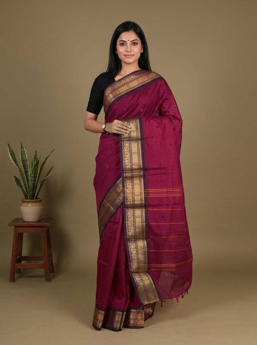 Striking Dark Pink Chettinad Cotton Saree With Thread Buttas & Purple Temple Border With Zari Bands - Shop on Shrus.com