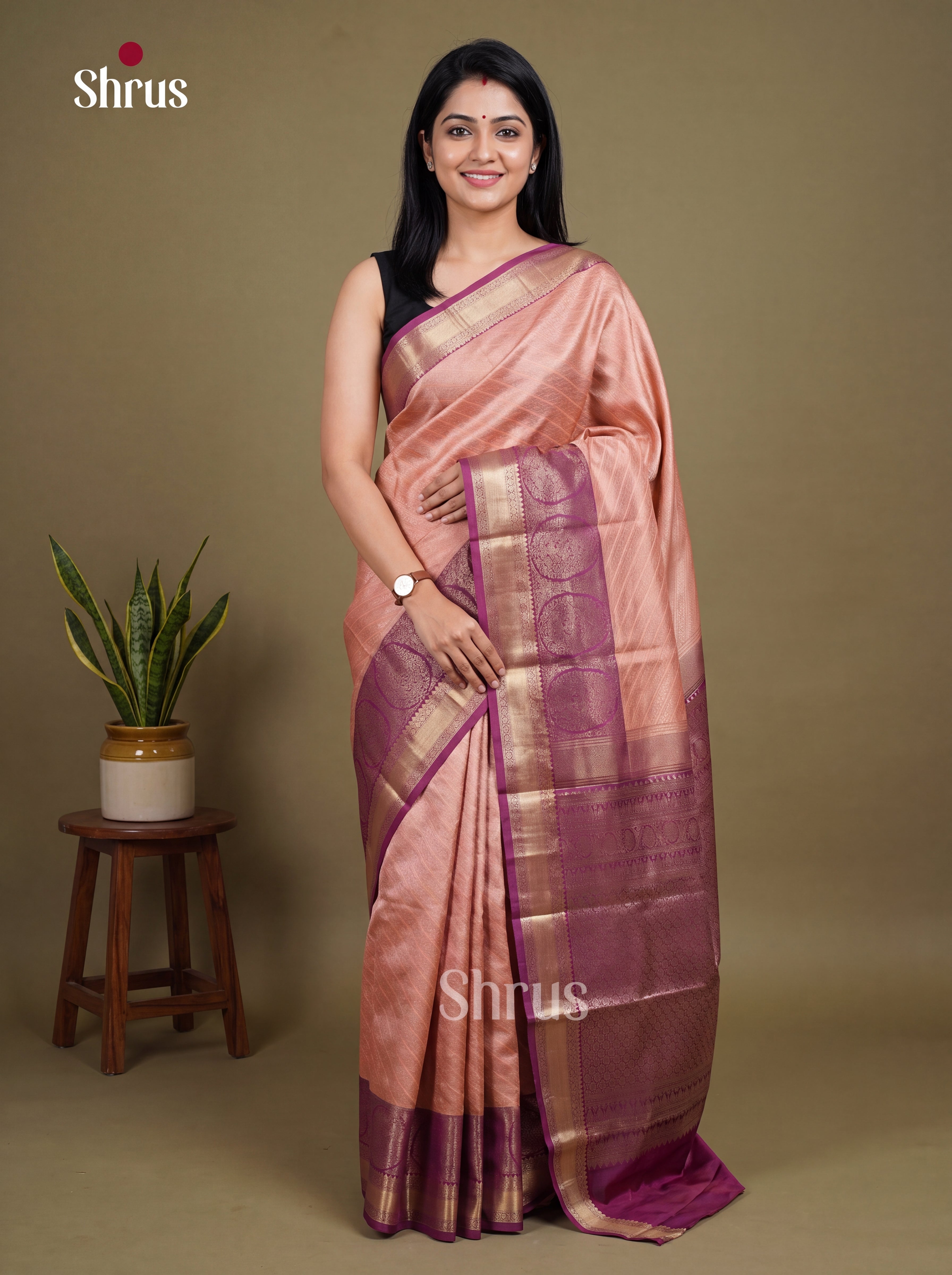 Onion Pink Kanchipuram Silk Saree with Brocade | Purple Contrast Border