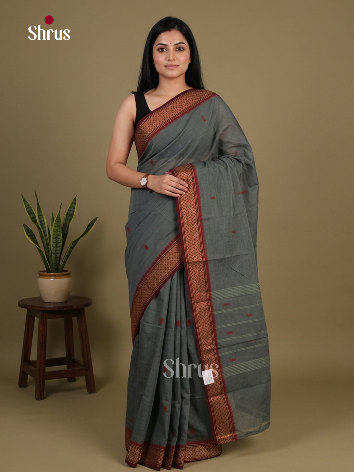 Grey & maroon - Chettinad Cotton Saree - Shop on Shrus.com