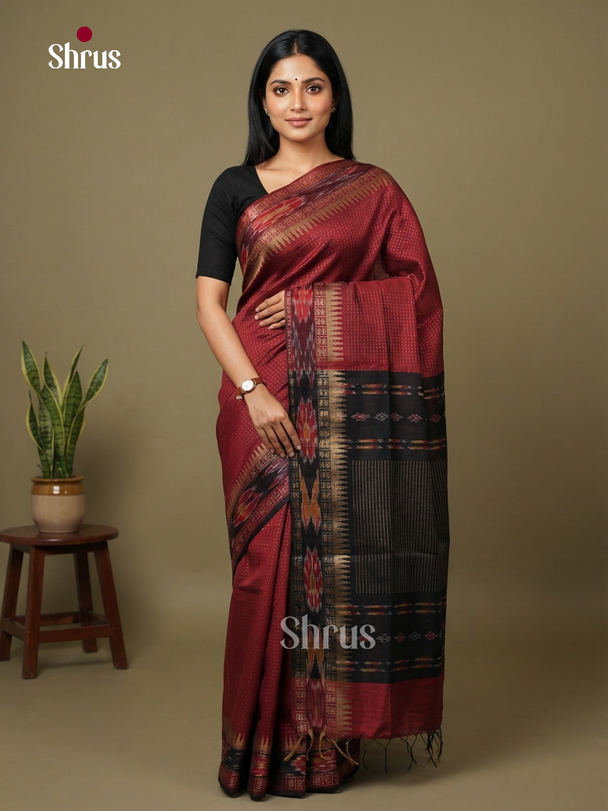 Maroon & Black - Semi Rawsilk Saree - Shop on Shrus.com