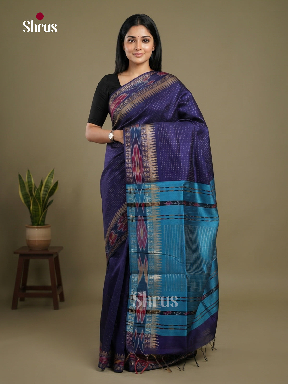 Navy Blue & Blue - Semi Rawsilk Saree - Shop on Shrus.com