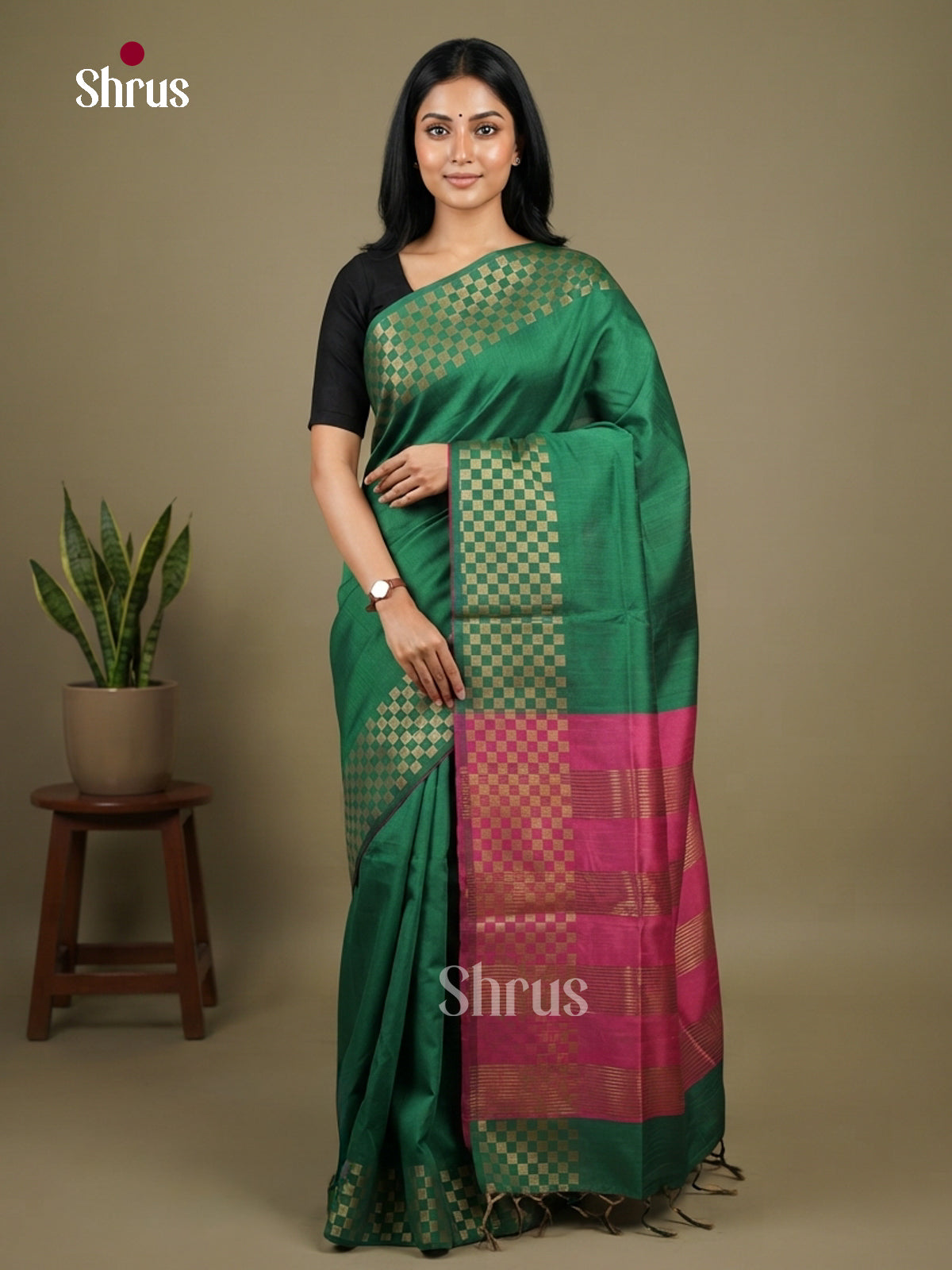 Green & majenta - Semi Rawsilk Saree - Shop on Shrus.com