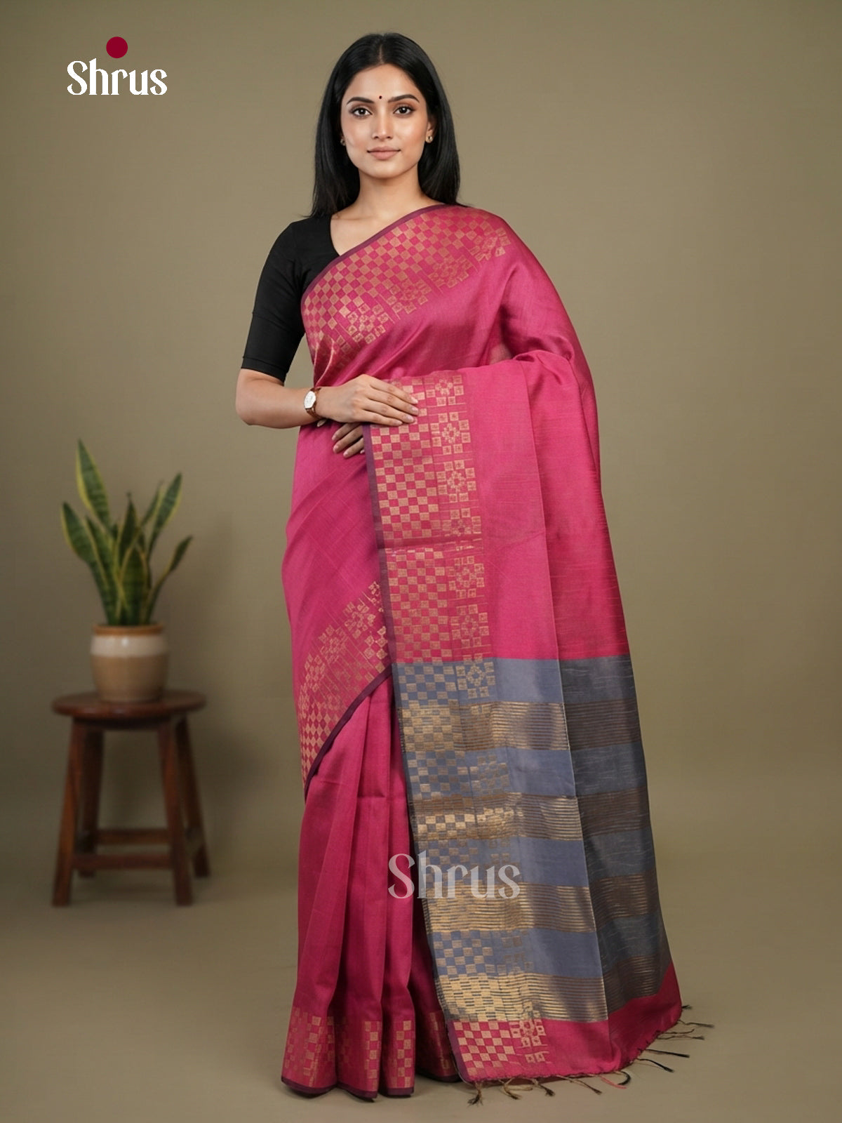 Pink & Blue - Semi Rawsilk Saree - Shop on Shrus.com