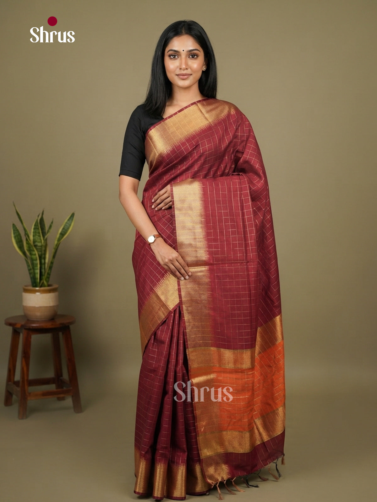 Maroon & Orange - Semi Rawsilk Saree