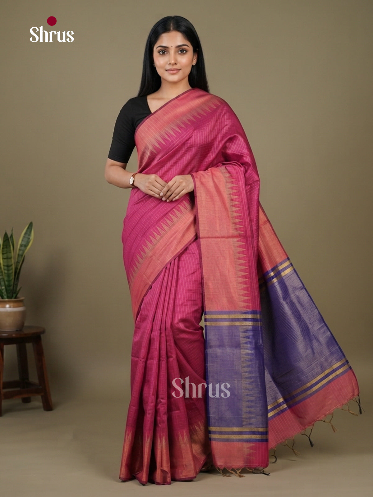 Pink & Blue - Semi Rawsilk Saree - Shop on Shrus.com