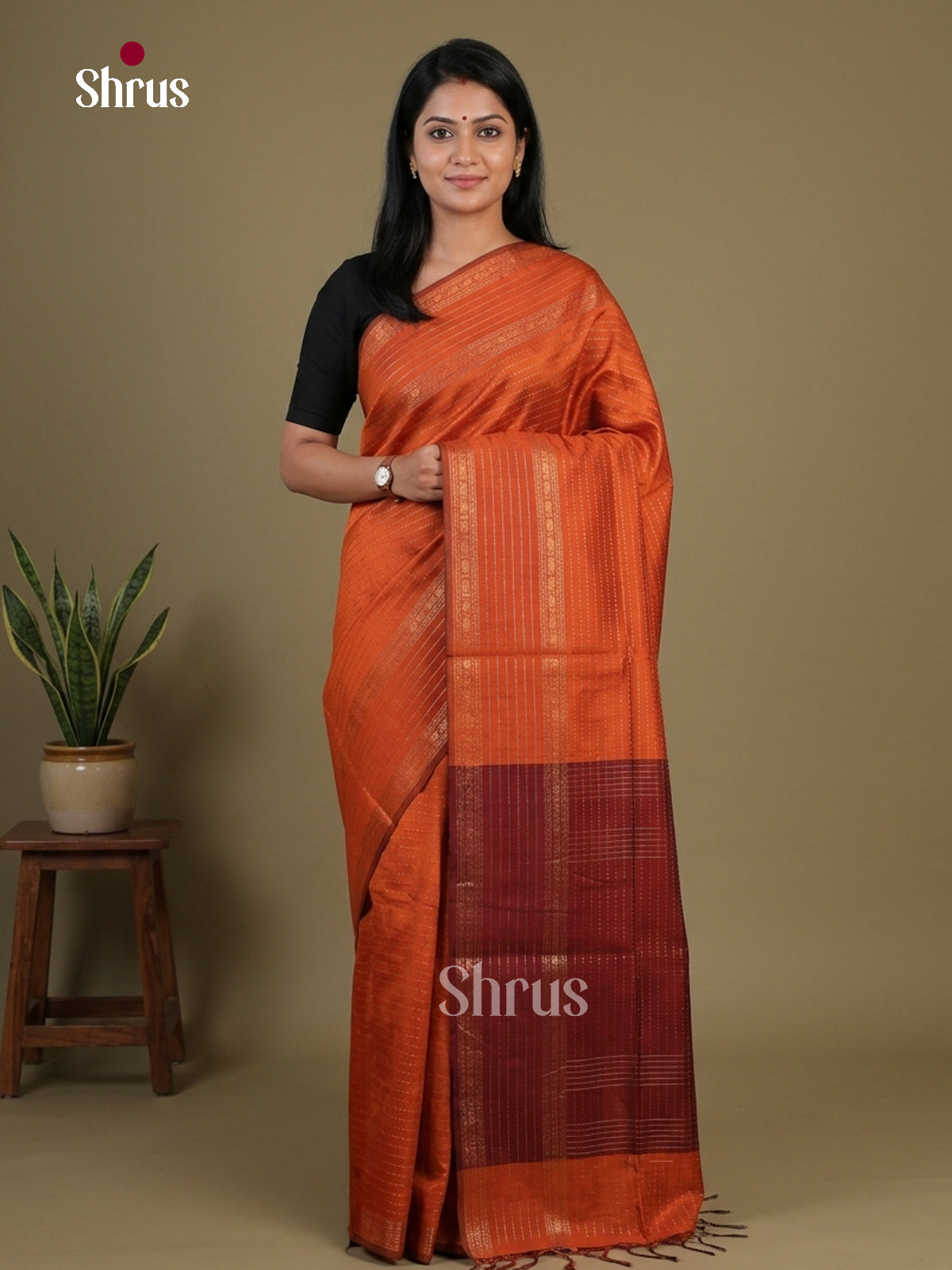 Orange & Maroon - Semi Rawsilk Saree - Shop on Shrus.com